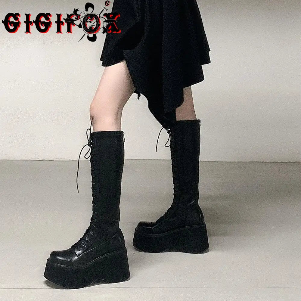 GIGIFOX Gothic Platform High Boots for Women – Black Punk Combat Motorcycle Chunky Halloween Stretch Boots - Premium platform boots from Lizard Vigilante - Just $53.88! Shop now at Lizard Vigilante