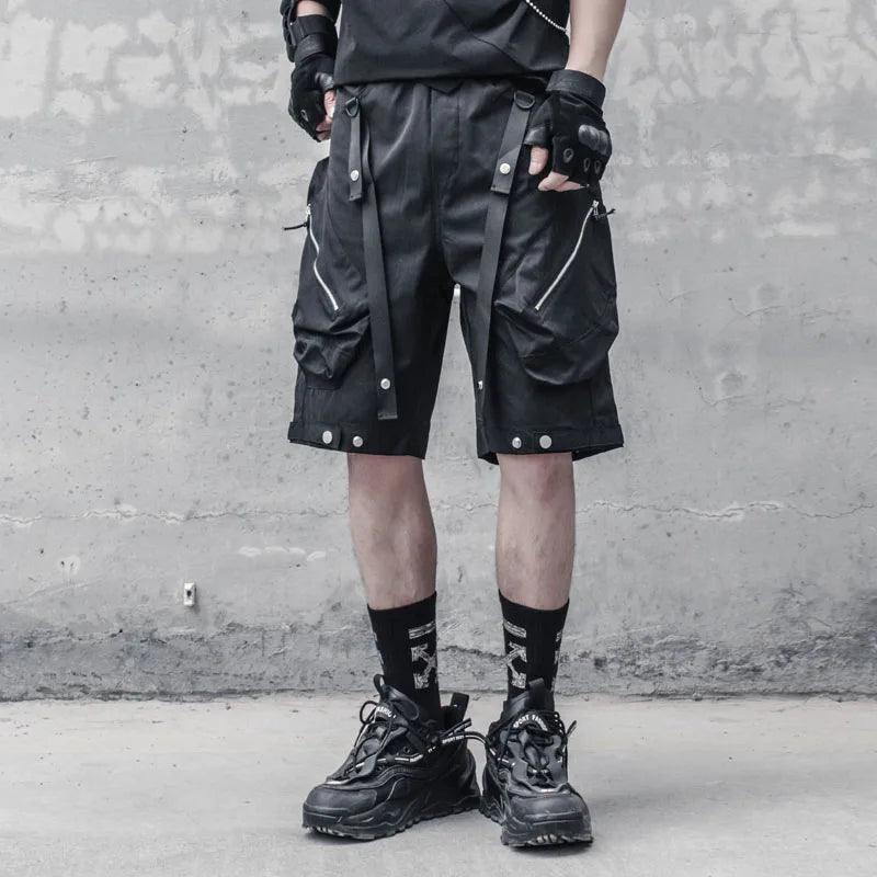 AOGZ Gothic Techwear Cargo Short Pants Men Streetwear Harajuku Ribbons Knee Length Pants Trousers Summer Loose Casual Shorts - Lizard Vigilante