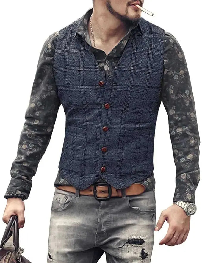 Men’s Vintage Tweed Plaid Vest – Classic Slim Fit Waistcoat for Weddings & Business - Premium vest from Lizard Vigilante - Just $42.88! Shop now at Lizard Vigilante