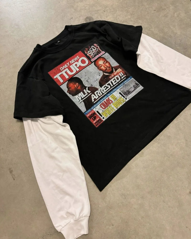 American hip hop trend new print splicing long sleeve women round neck pullover autumn hoodie goth street oversized sweatshirt