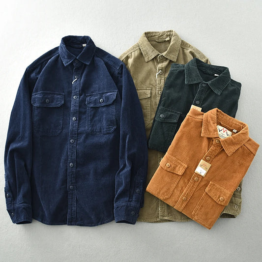 Vintage Heavy May Khaki Corduroy Men’s Shirt – Long Sleeve Loose Fit Cargo Casual Shirt Coat - Premium shirt from Lizard Vigilante - Just $63.88! Shop now at Lizard Vigilante