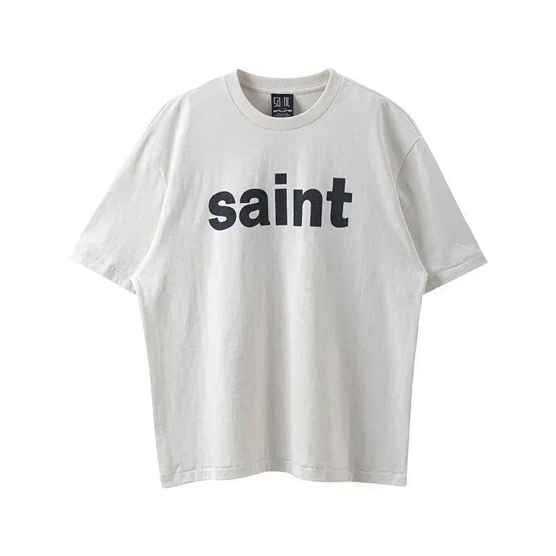 Men Women High Street Vintage Washed Black T-Shirt Top Quality Cototn TEE 3D Cracked Letters Logo Print Saint T Shirt With Tags - Premium  from Lizard Vigilante - Just $64.99! Shop now at Lizard Vigilante
