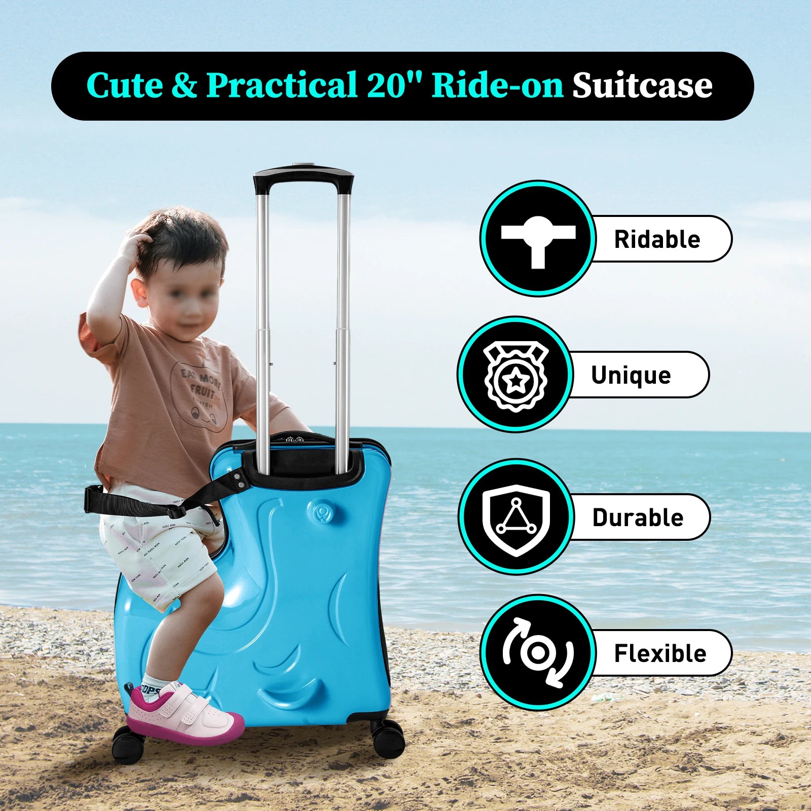 Children's sit ride suitcase 20 Inch kids Travel Trolley Waterproof Slide Rolling Luggage with Lock Blue - Premium  from Lizard Vigilante - Just $135.99! Shop now at Lizard Vigilante