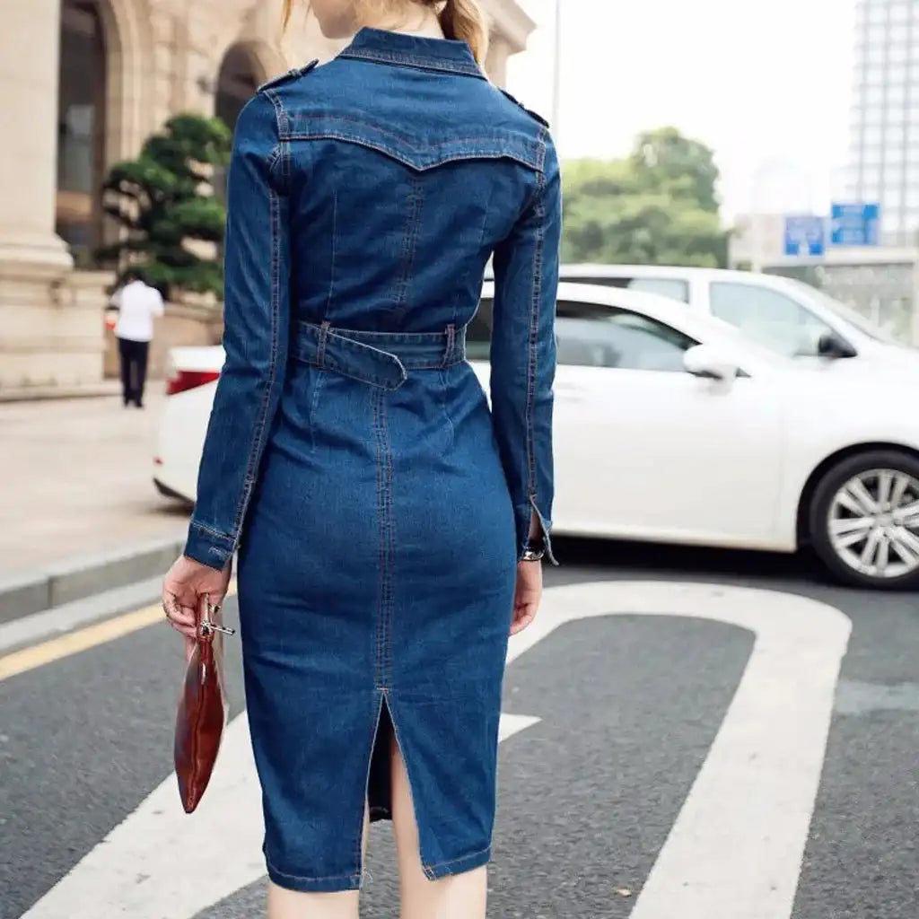 Vintage Button Up Jeans Dress Women Blue Lapel Denim Vestidos Winter Office Slim Long Sleeve Mid-Cuff Denim with Belt Long Dress
