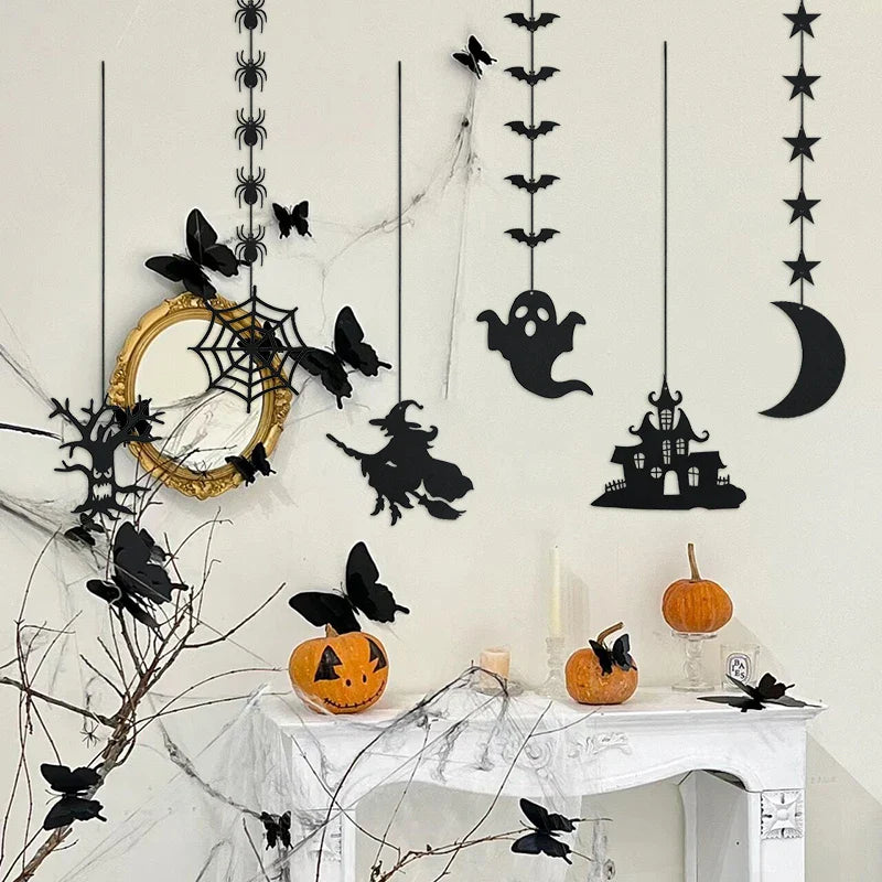 1set Halloween Decoration Banner Bunting Scary Spider Ghost Bat Hanging Garland Pull Flag Pendant For Halloween Party Home Decor