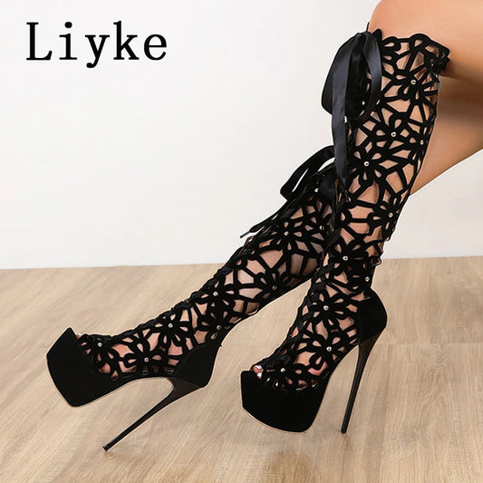 Liyke 16CM Ultra Thin High Heels Sensual Nightclub Hollow Out Over The Knee Boots Women Peep Toe Lace-Up Zip Platform Shoes Sandals - Premium high heels from Lizard Vigilante - Just $69.69! Shop now at Lizard Vigilante