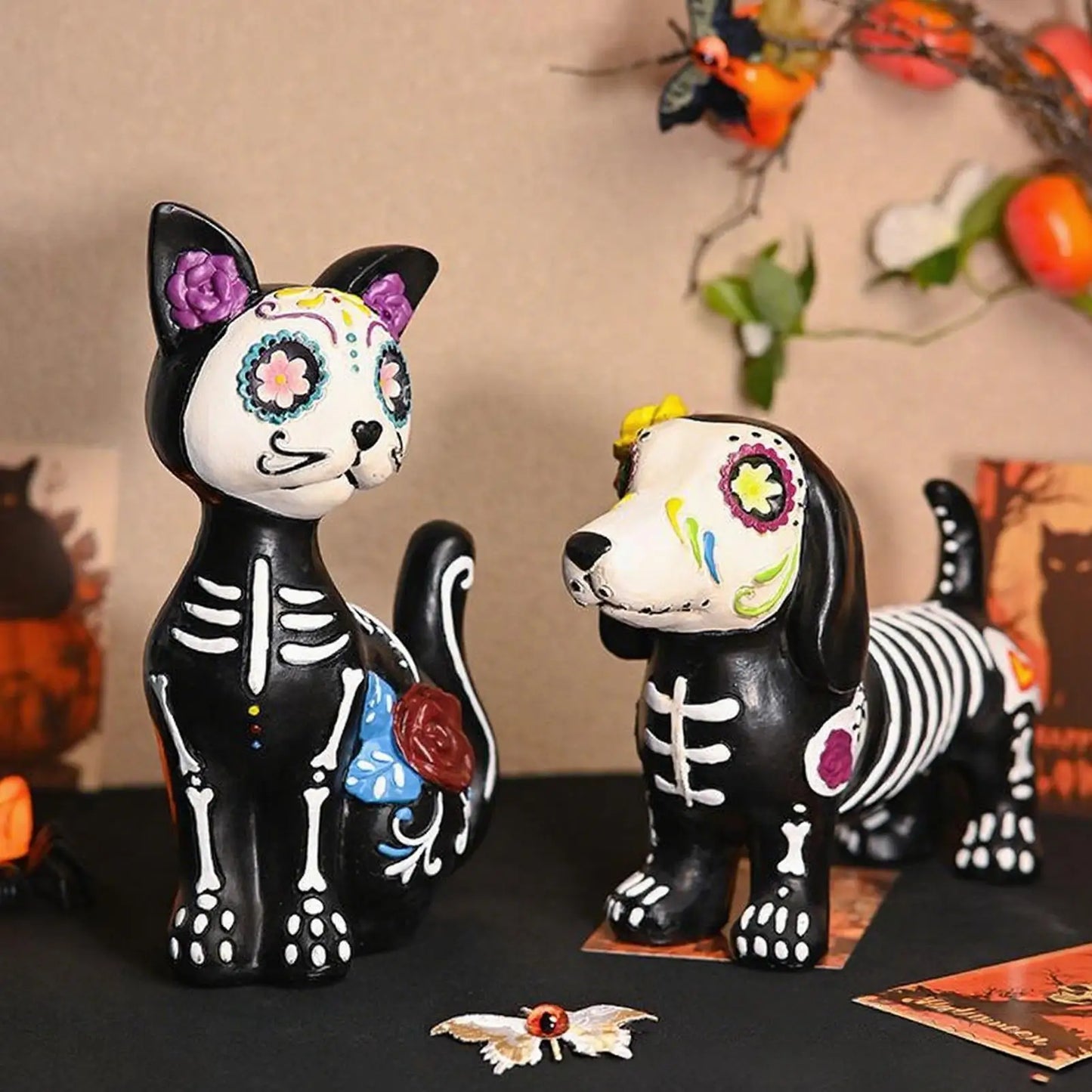 Halloween Animal Statue Skeleton Dog Cat Figurines Room Decor  Resin Halloween Decorations Table Centerpieces for Porch Patio