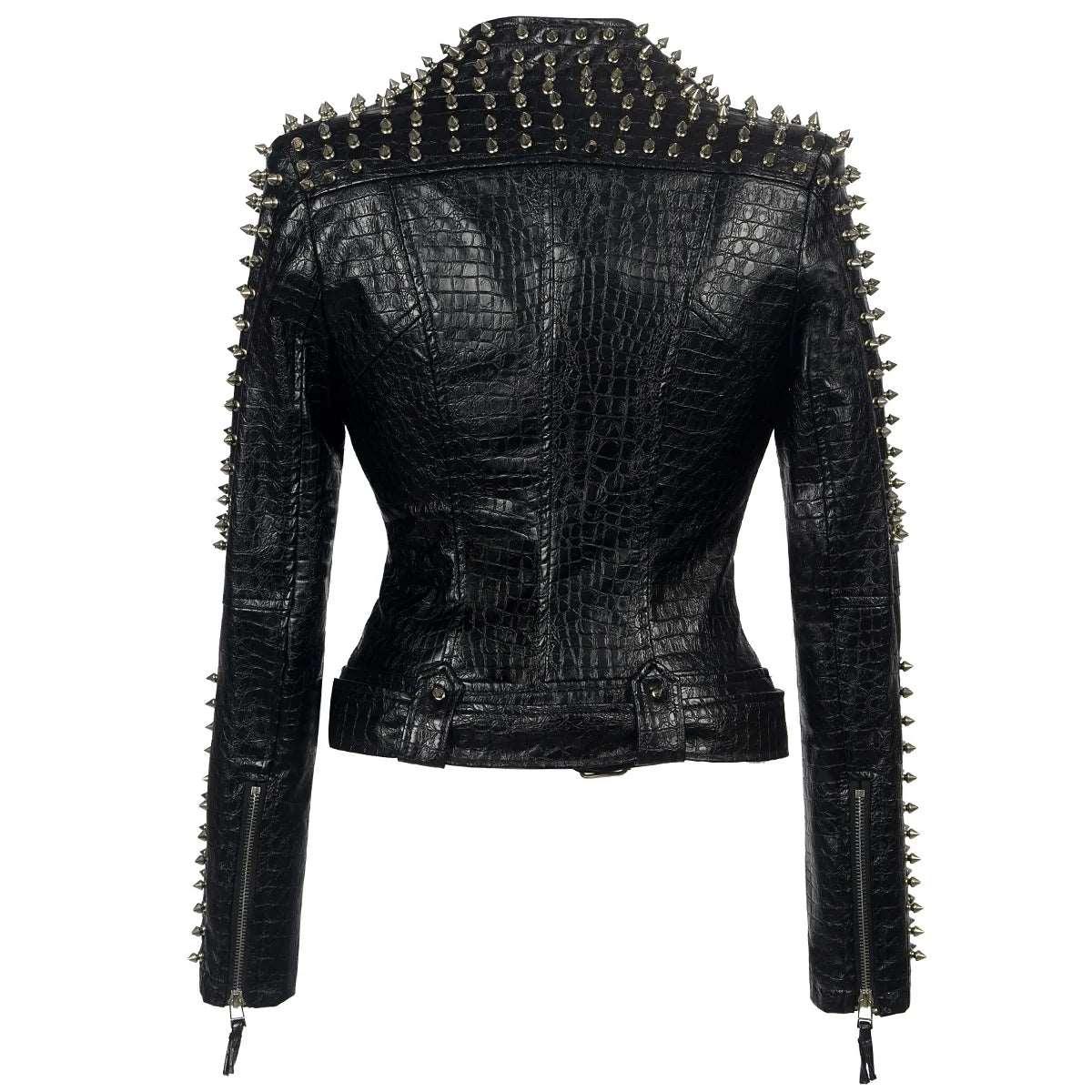 2024 Steampunk Rock Rivet Women's Leather Jacket Slim Short Streetwear Gothic Embroidery PU Leather Locomotive Coat Femme - Lizard Vigilante