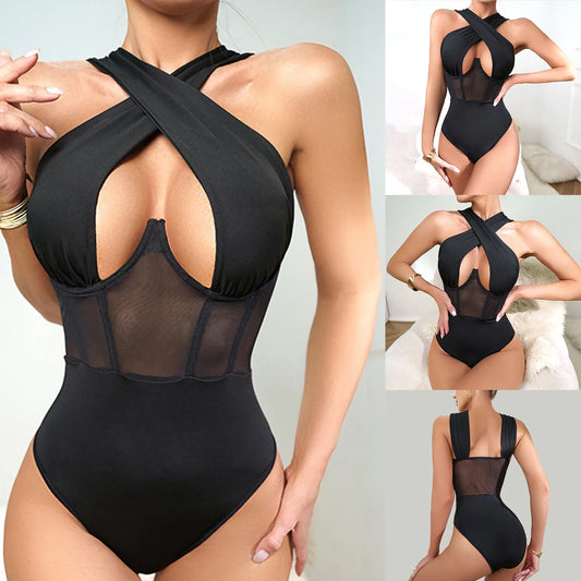 Women's Sexy Mesh Bodysuit Slim Steel Ring Fishbone Corset Top See Through Halter Teddy Plus Size Sexy Lingerie For Women 2024 - Premium  from Lizard Vigilante - Just $6.99! Shop now at Lizard Vigilante