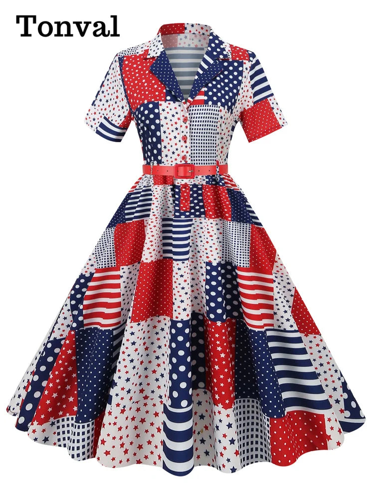 2024 Election American Flag Collar Button Up Star Print Women Short Sleeve Belted 50s 60s Pinup A-Line Vintage Dresses - Lizard Vigilante