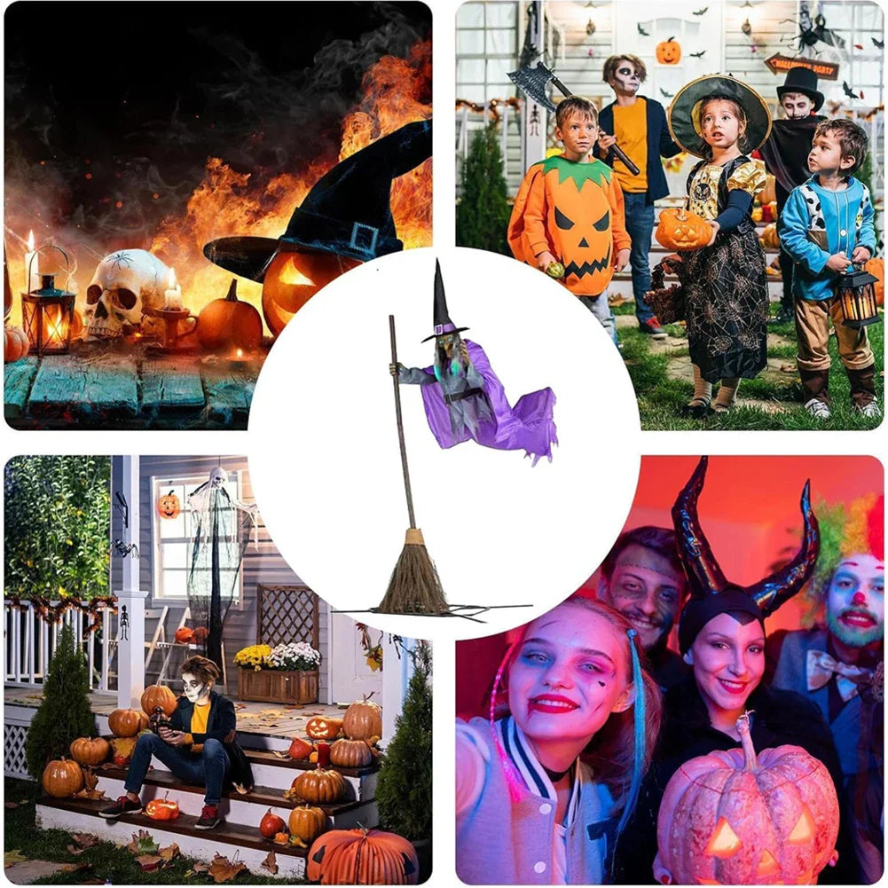 Halloween Props with Terrifying Sounds and Lights Fun Costumes Flying Scary Witch Broom Wizard Decor for Garden Yard Lawn Indoor