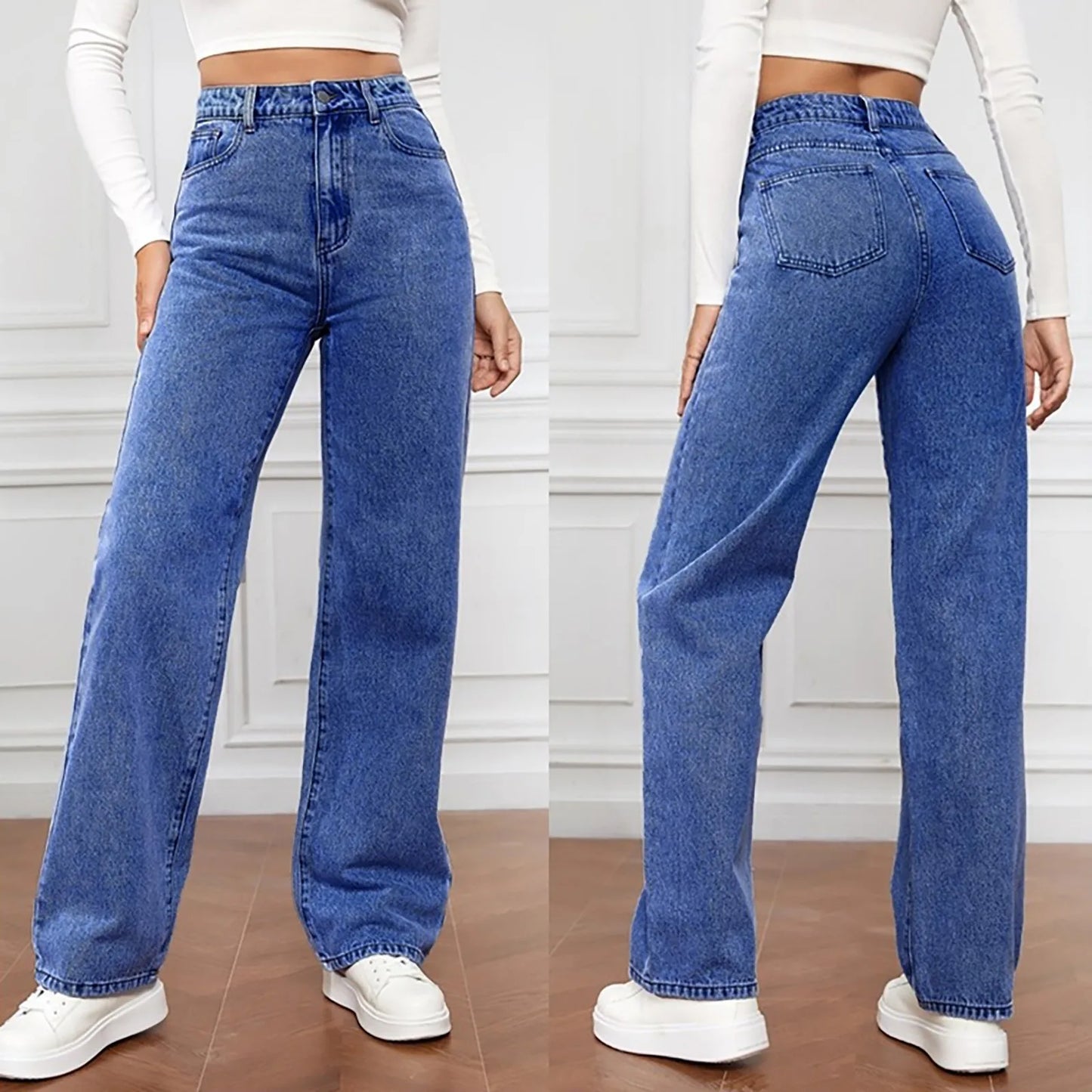 Women Fashion Straight Leg Jeans Loose Button Pocket Washed Denim Pants High Waist Stretchy Denim Trousers 2024 Female Clothes - Premium  from Lizard Vigilante - Just $30.99! Shop now at Lizard Vigilante