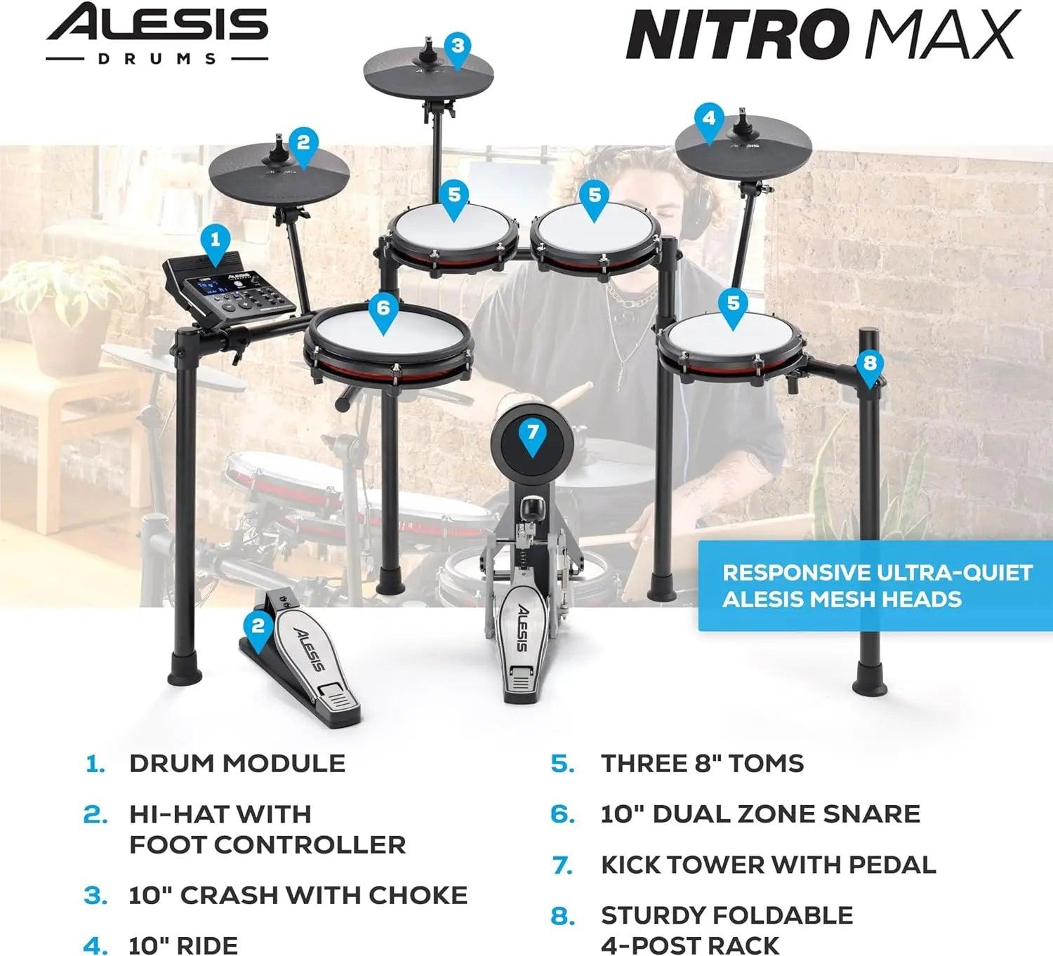 Alesis Nitro Max Kit Electric Drum Set with Quiet Mesh Pads, 10" Dual Zone Snare, Bluetooth, 440+ Authentic Sounds, Drumeo - Lizard Vigilante