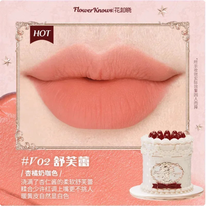 Flower Knows Strawberry Cupid Cake Lip Cream Lip Mud Matte Moisturizing Lipstick Silky Smooth Lip Makeup Professional Cosmetics