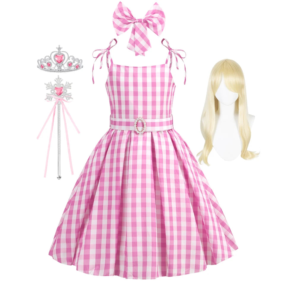 Barbie Movie Costume Girls Princess Cosplay Clothes Children Pink Plaid Dress Halloween Carnival Kids Party Wear 2-10 Years - Premium Cosplay Costumes from Lizard Vigilante - Just $18.99! Shop now at Lizard Vigilante