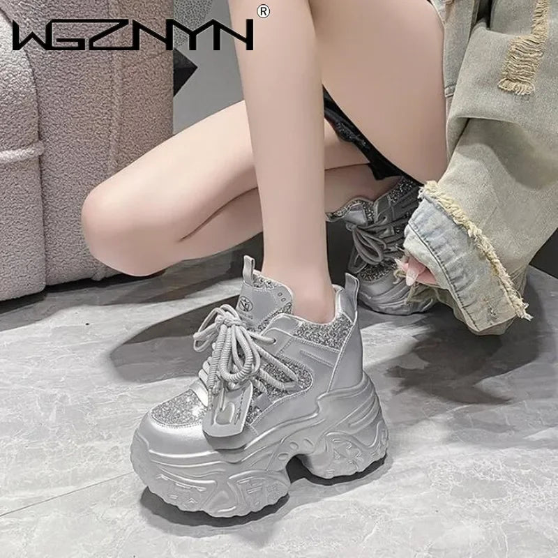 10.5CM Women Casual Platform Sneakers High Heels New Autumn Sports Leather Shoes Bling Trainers Chunky Sneaker Zapatos Mujer