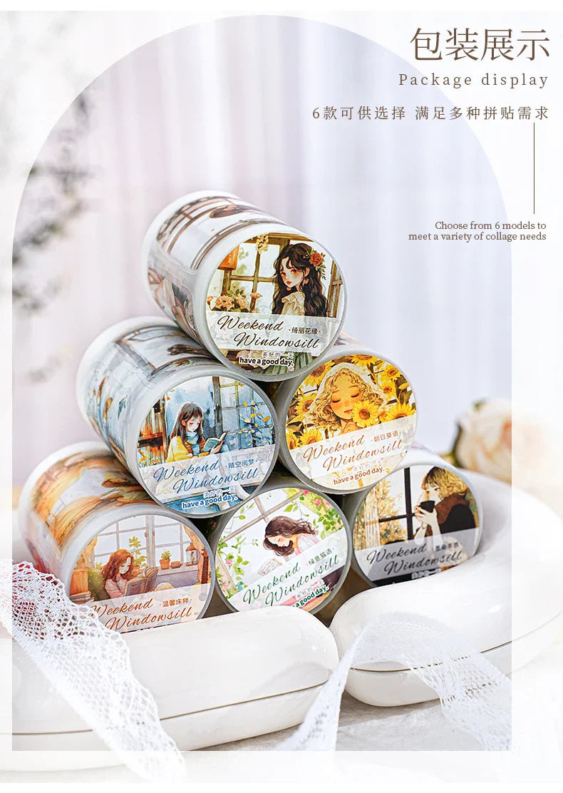 1roll Tape Weekend Window Sill Series Leisure Character Window PET Tape Decoration Notebook Photo Frame Stationery DIY Stickers