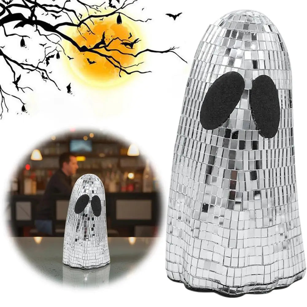 Halloween Disco Ghost Ornament Silver Mosaic Mirror Disco Ghost Tabletop Decor Glitter Spooky Ghost Halloween Tiered Tray Decor