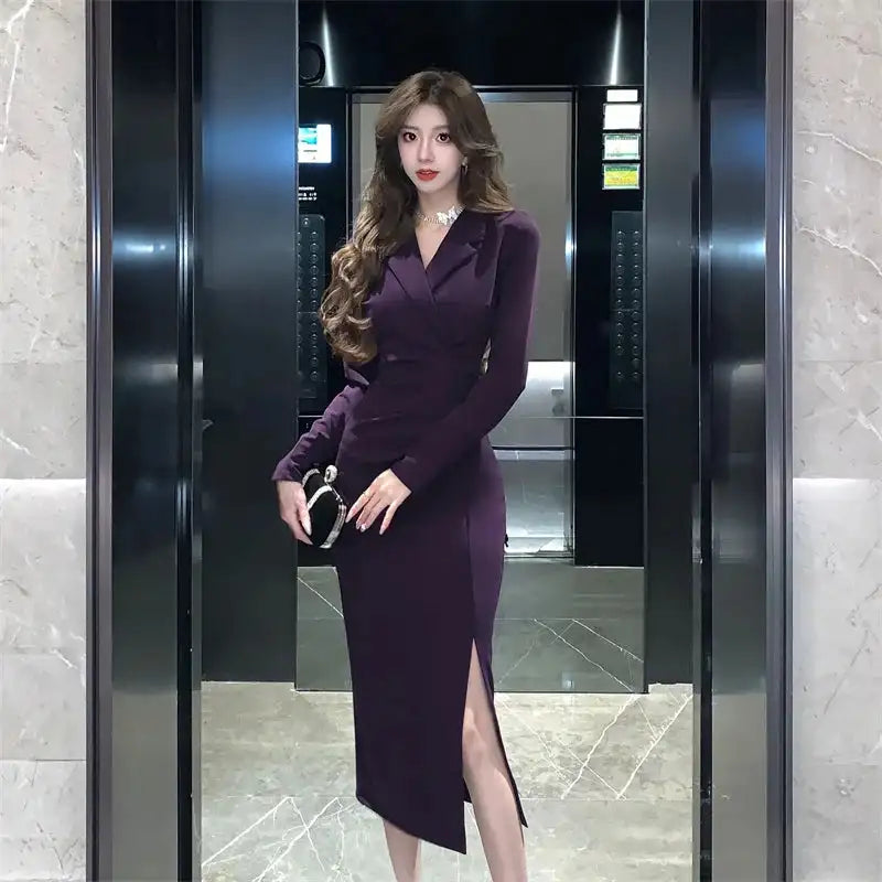Women Pink Pleated Bodycon Formal Long Dress Autumn Winter Long Sleeve Chic Suit Dress 2025 Korean Fashion Elegant Party Dresses
