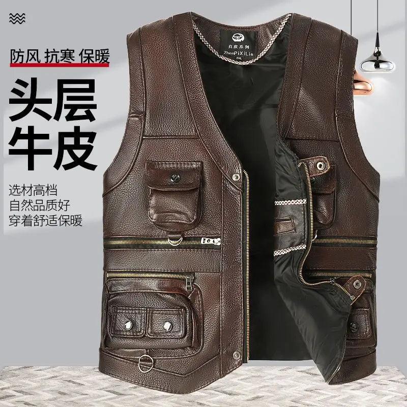 Cowhide Genuine Leather Vest Mens Slim Fit Real Leather Waistcoat Male Multi Pocket Zipper Vest D372 - Lizard Vigilante