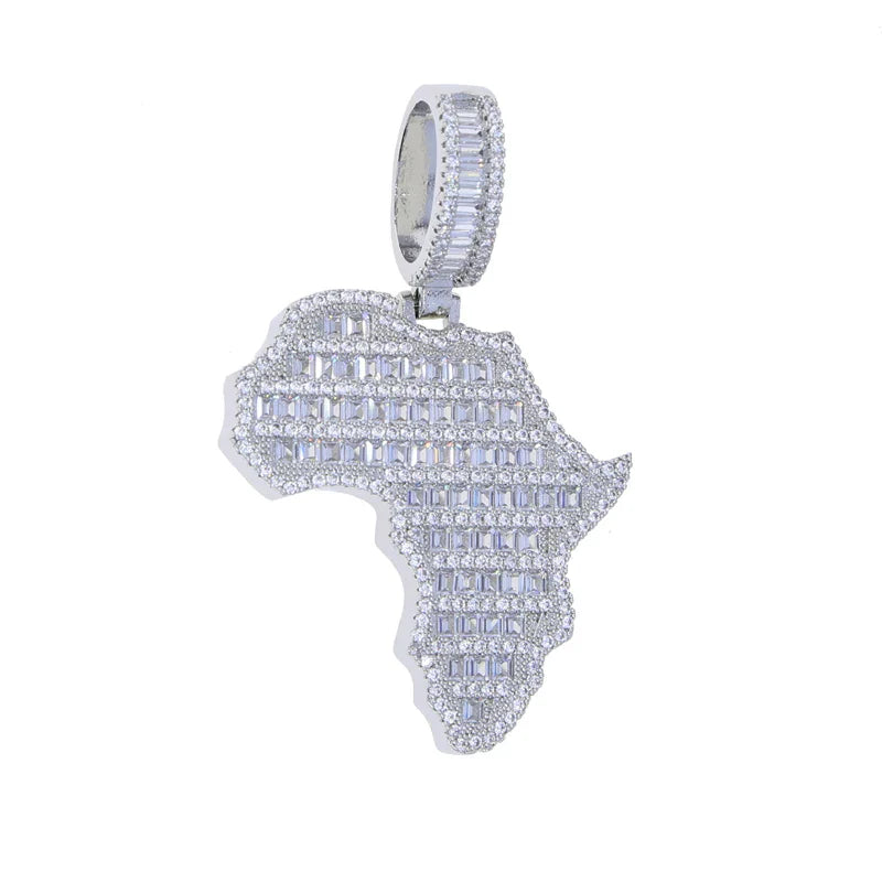 New Arrive Rectangle Cubic Zirconia CZ Paved Bling Africa Map Shaped Pendant Necklace Hip Hop Men Boy Cool Meaning Jewelry