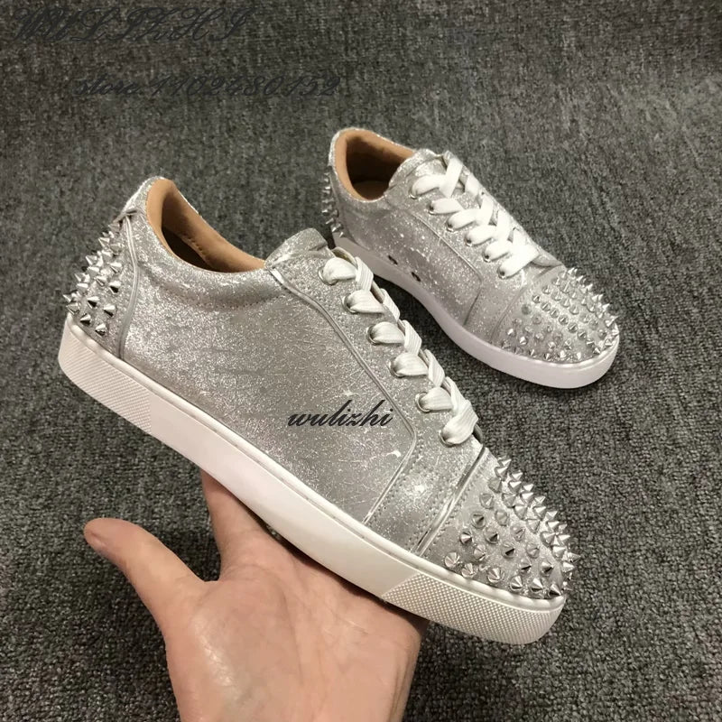 Flat Rivet Silver Casual Shoes Women Clutch Design Crystal Sneakers Luxurious Round Concise Couple Metallic Glitter Lace Up Shoe - Premium shoes from Lizard Vigilante - Just $147.99! Shop now at Lizard Vigilante