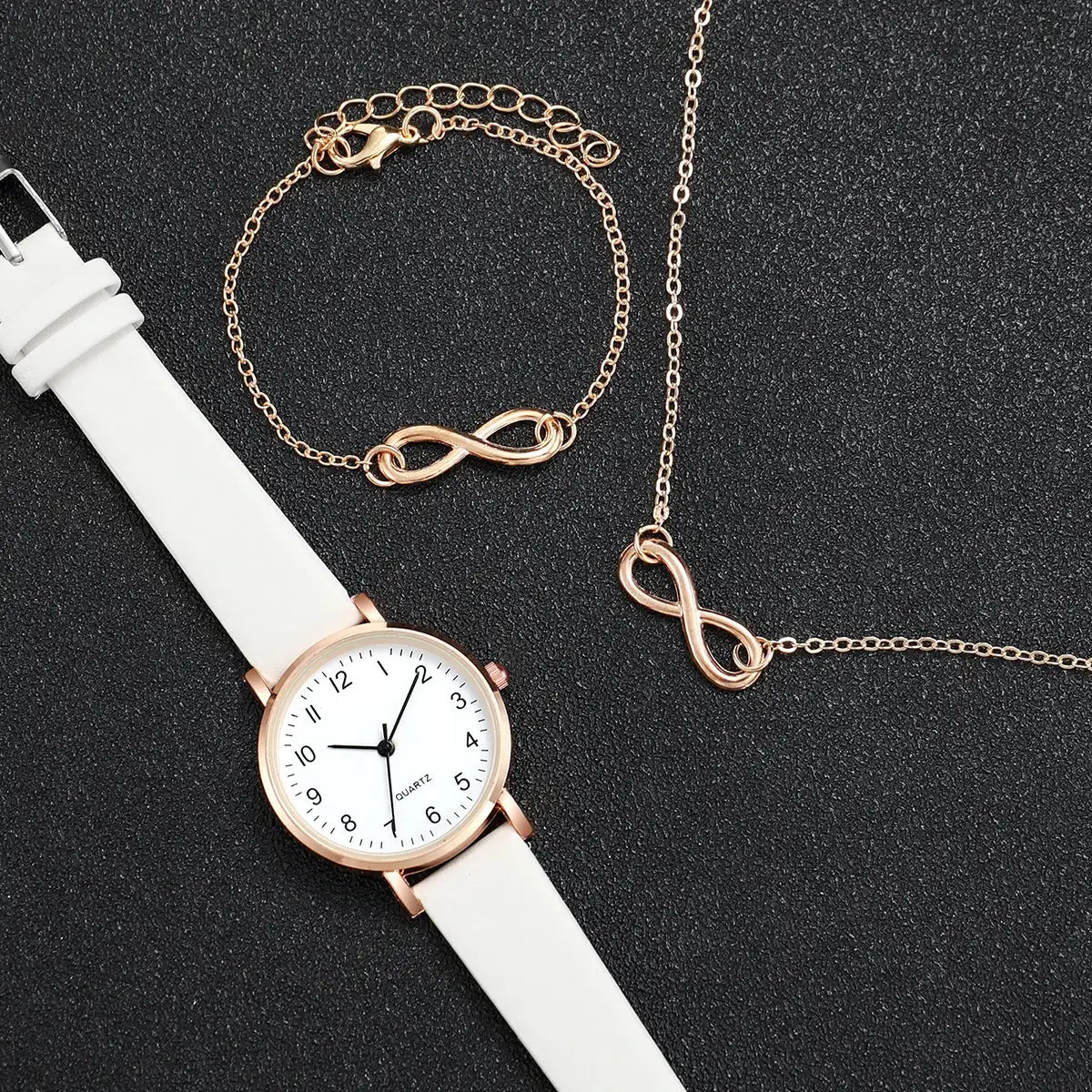 3pcs/set Women Leather Simple Quartz Watch with Number 8 Bracelet Necklace Set