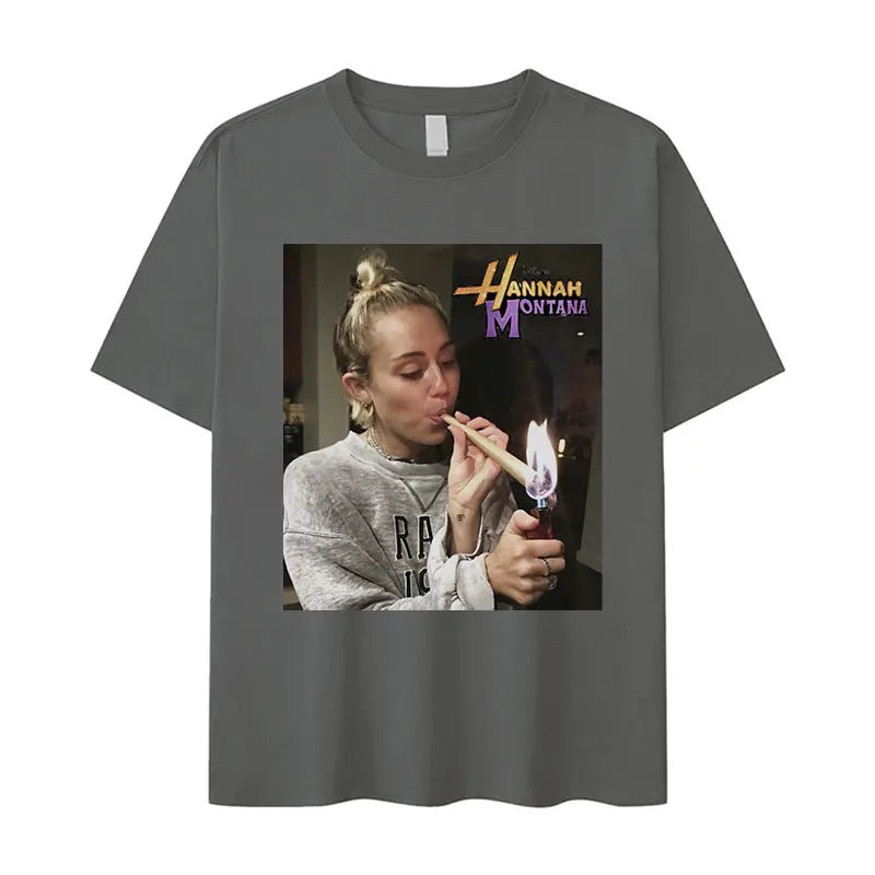 Miley Cyrus Funny Smoking Graphic T-Shirt | Hannah Montana Vintage Aesthetic Men’s & Women’s Casual Oversized Cotton Tee - Premium T-Shirt from Lizard Vigilante - Just $26.66! Shop now at Lizard Vigilante