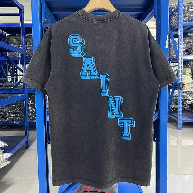 Men Women High Street Vintage Washed Black T-Shirt Top Quality Cototn TEE 3D Cracked Letters Logo Print Saint T Shirt With Tags - Premium  from Lizard Vigilante - Just $64.99! Shop now at Lizard Vigilante