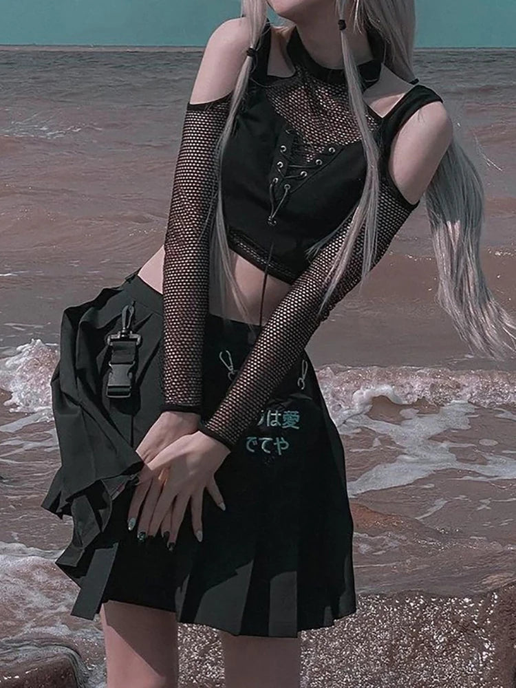 Goth Dark Fishnet Cut Out Women Sexy Halter T-shirts Mall Gothic Grunge Black Bandage Crop Tops Punk Open Shoulder Alt Clothing - Premium Crop Top from Lizard Vigilante - Just $27.99! Shop now at Lizard Vigilante