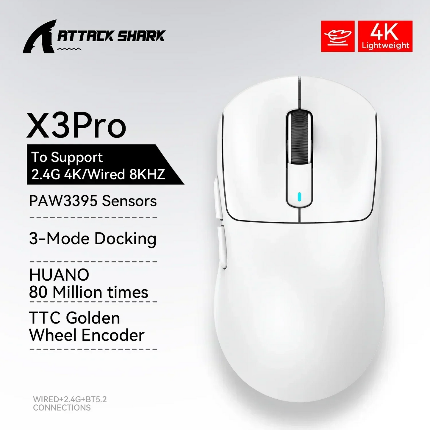 Attack Shark X3Pro Wireless  Gaming Mouse PixArt PAW3395 26000dpi Bluetooth Optical Mouse Tri-Mode Connection Macro Gaming Mouse
