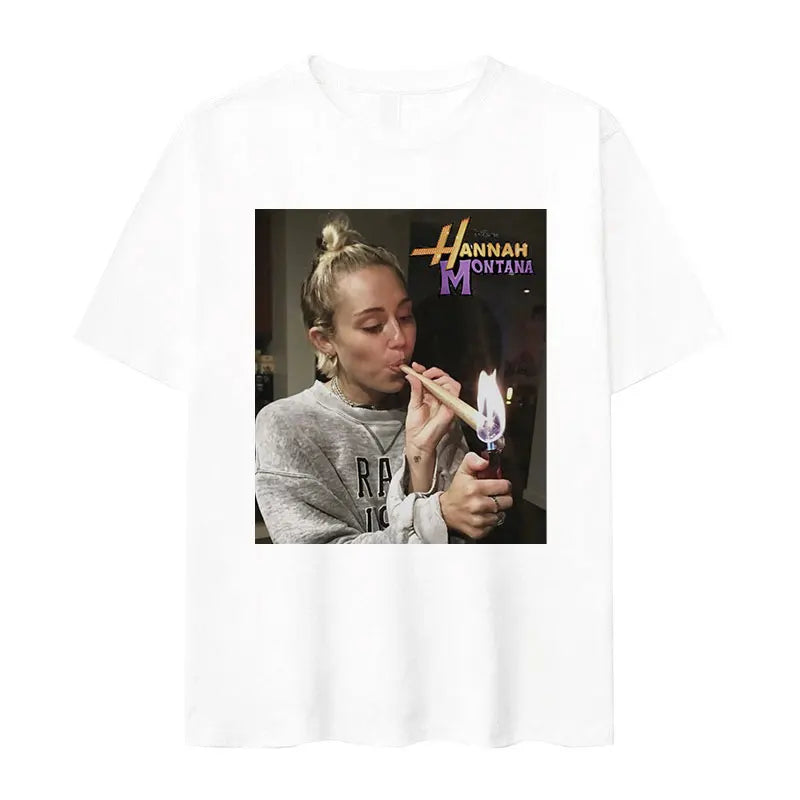 Miley Cyrus Funny Smoking Graphic T-Shirt | Hannah Montana Vintage Aesthetic Men’s & Women’s Casual Oversized Cotton Tee - Premium T-Shirt from Lizard Vigilante - Just $26.66! Shop now at Lizard Vigilante