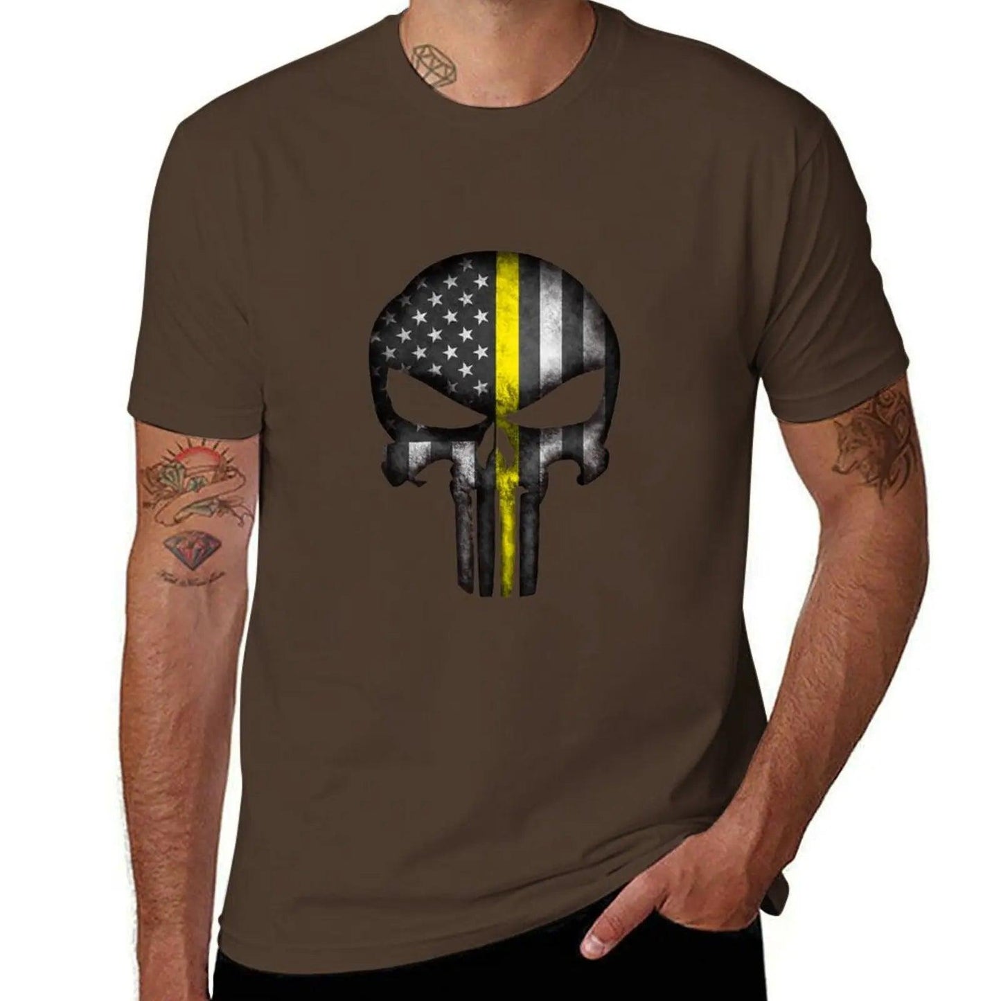 Thin Yellow Line Skull T-Shirt Summer Top Aesthetic Clothing Mens Graphic T-Shirts Pack - Lizard Vigilante