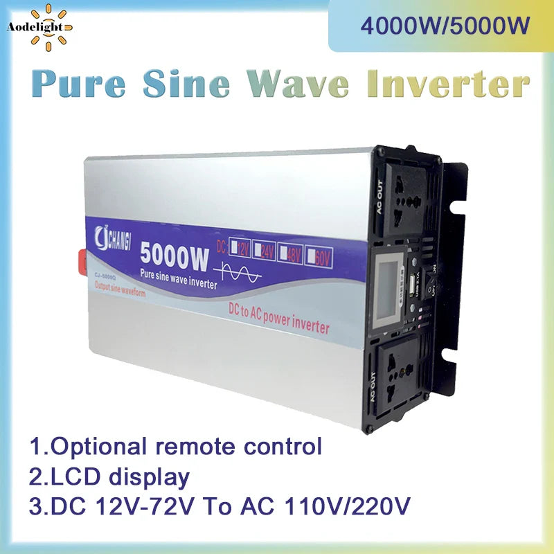 Pure Sine Wave Inverter 12V 110V 220V 4000W 5000W Power Solar Car Inverters - High Efficiency DC/AC Converter with Remote Control, Off-Grid, CE Certified - Premium  from Lizard Vigilante - Just $271.99! Shop now at Lizard Vigilante