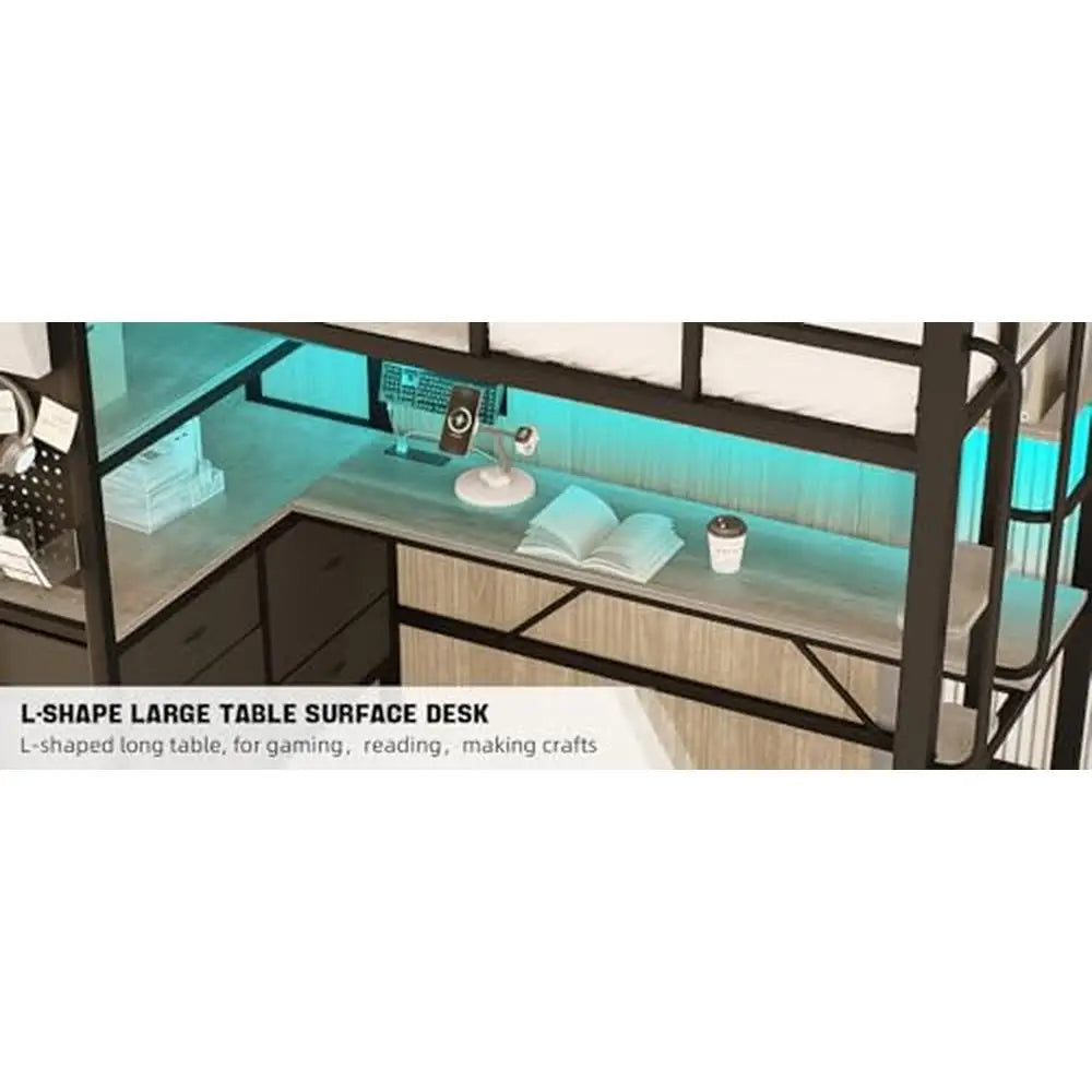 Twin Loft Bed with L-Shaped Desk Charging Station Storage Shelves LED Lights Music Sync Safe Guardrail & Wooden Ladder - Premium  from Lizard Vigilante - Just $434.99! Shop now at Lizard Vigilante