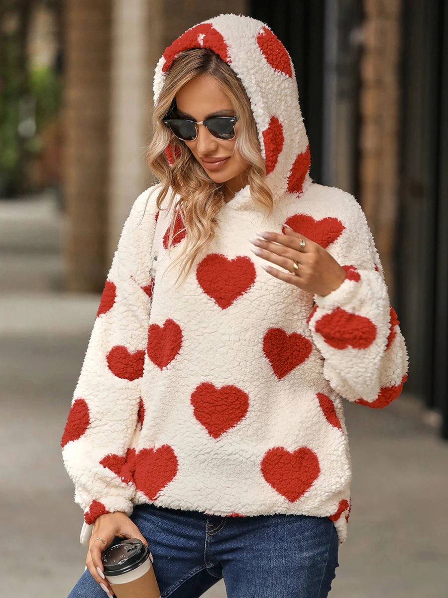 Women's Fuzzy Fleece Hoodies Valentine's Day Sweet Sweatshirts Heart Print Casual Long Sleeves Shaggy Sherpa Pullovers Coat - Premium hoodie from Lizard Vigilante - Just $38.88! Shop now at Lizard Vigilante