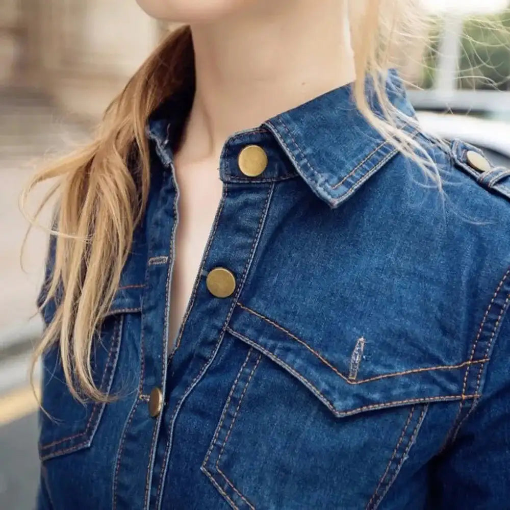 Vintage Button Up Jeans Dress Women Blue Lapel Denim Vestidos Winter Office Slim Long Sleeve Mid-Cuff Denim with Belt Long Dress