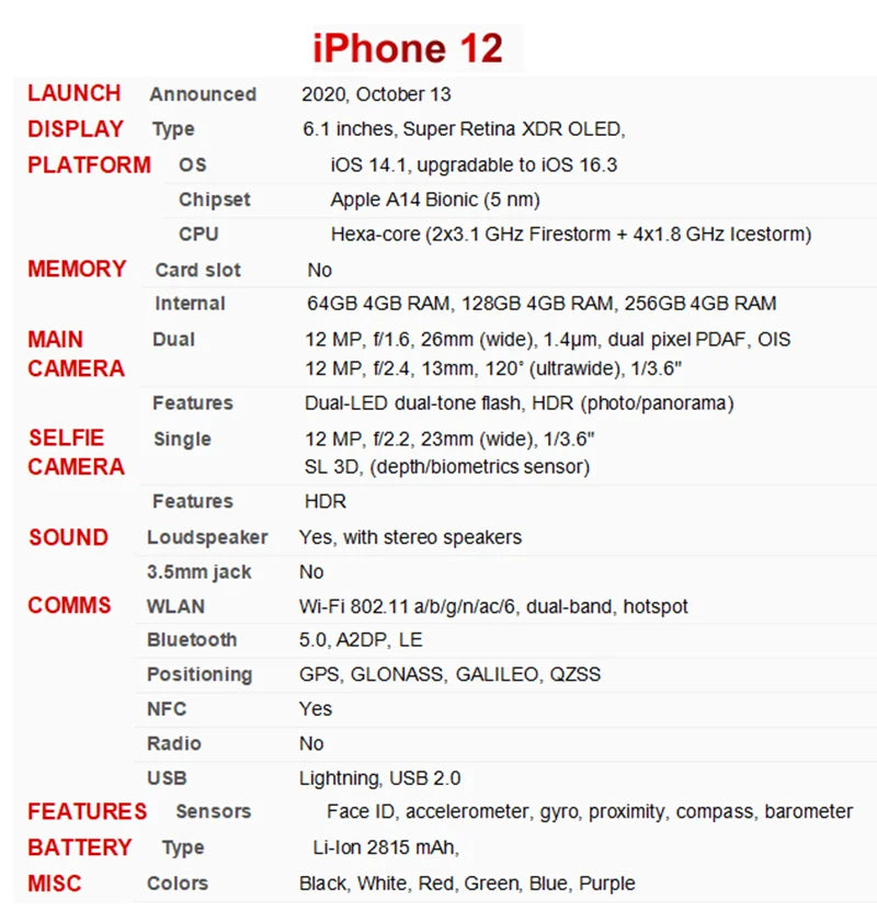 iPhone 12 5G iphone12 6.1" Genuine Super OLED RAM 4GB ROM 64/128/256GB A14 Bionic Face ID NFC 98% New Original Cell Phone