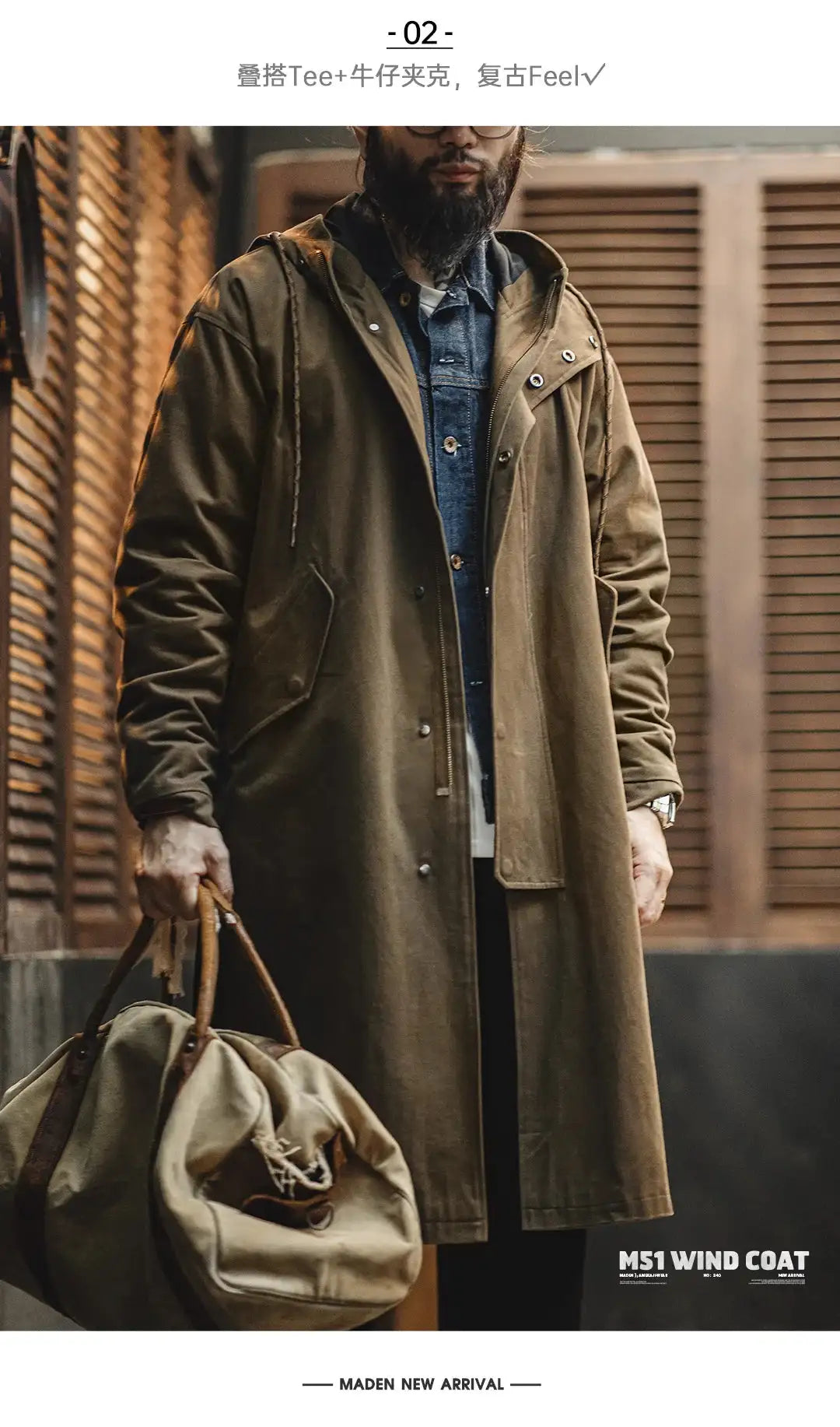 Maden Retro M51 Hooded Windbreaker Loose Fit Cotton Zipper Mid-length Jacket Versatile Solid Color Outerwear for Men's Autumn