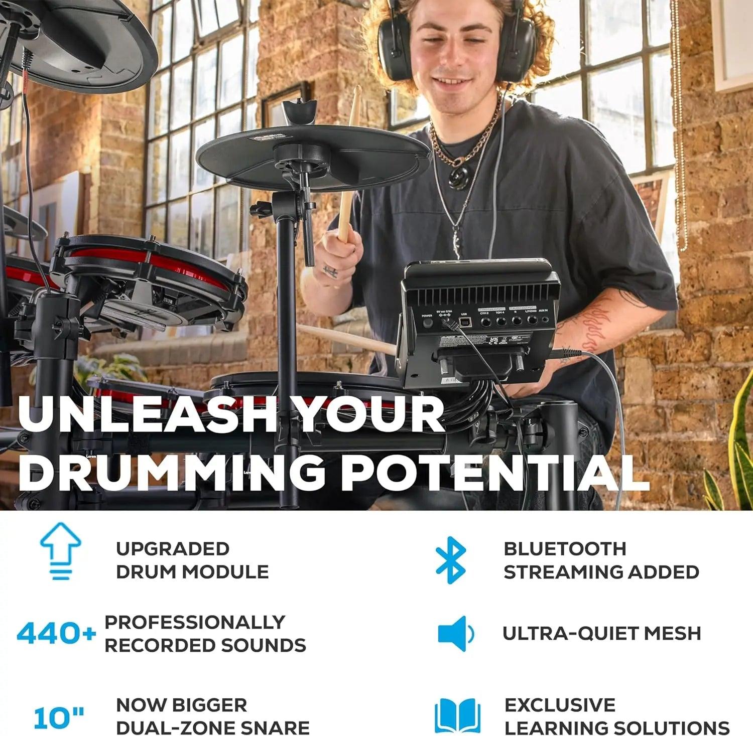 Alesis Nitro Max Kit Electric Drum Set with Quiet Mesh Pads, 10" Dual Zone Snare, Bluetooth, 440+ Authentic Sounds, Drumeo - Lizard Vigilante