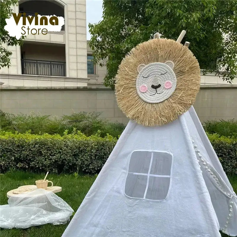 Nordic Hand Woven Lion Wall Hanging Ornaments Cartoon Animal Head Straw Weaving Children Room Wall Decor Tent Party Decoration