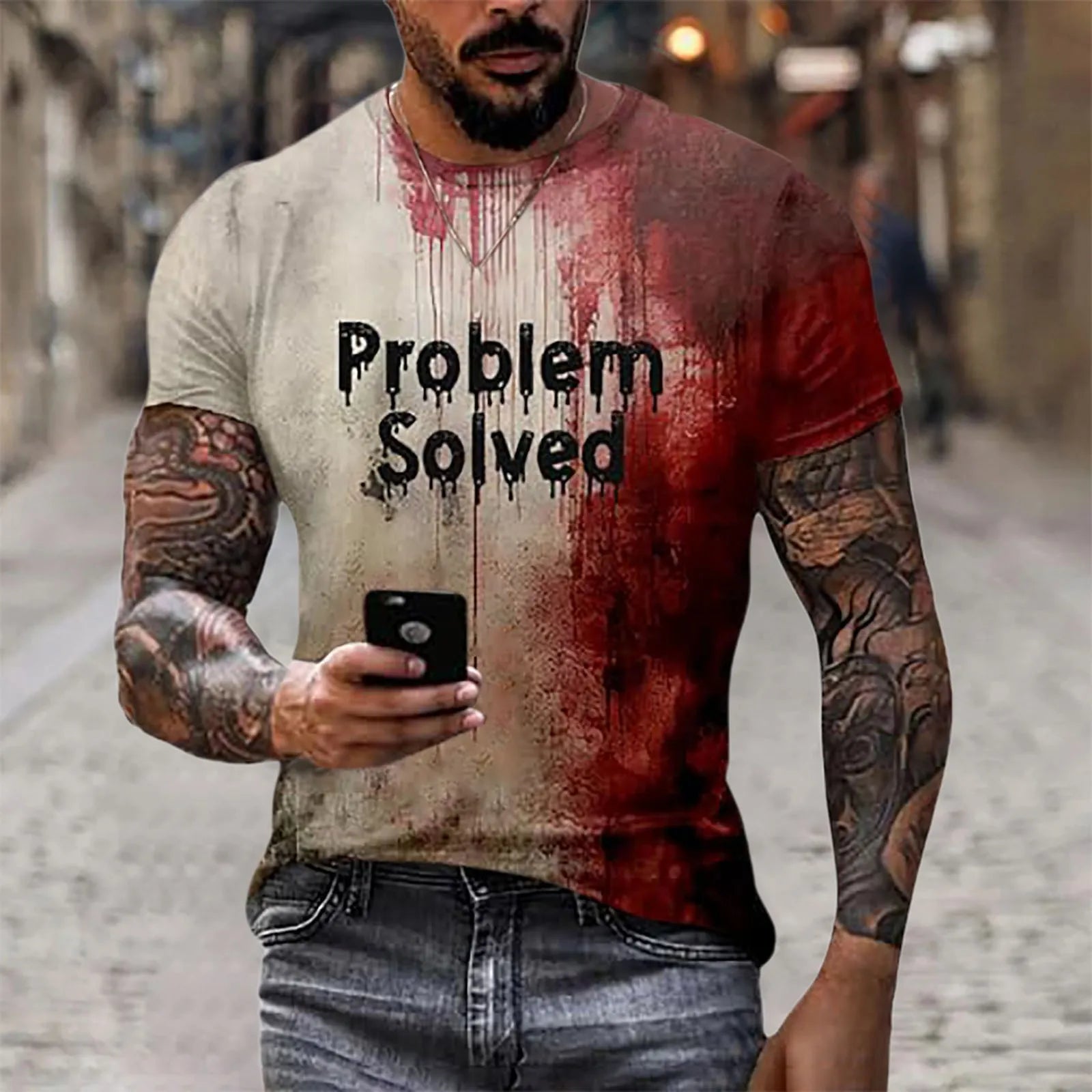 Problem Solved Bloody Fonts T-Shirt Male 2024 Halloween Print Tops Short Sleeve Round Neck Distressed T Shirt Holiday Party Top - Premium  from Lizard Vigilante - Just $11.99! Shop now at Lizard Vigilante