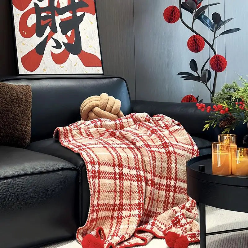 Half Flannel Plaid Blanket with Wool Balls Four Season Universal Red Soft Sofa Blanket Warm Napping Shawl for Home Travel
