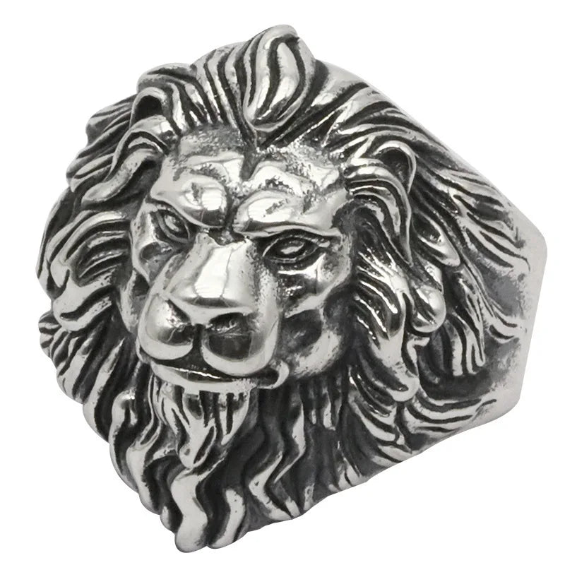 Silver High-Quality Men's Lion Head Ring – Stainless Steel Detroit Rock Punk Animal Ring - Premium ring from Lizard Vigilante - Just $28.88! Shop now at Lizard Vigilante