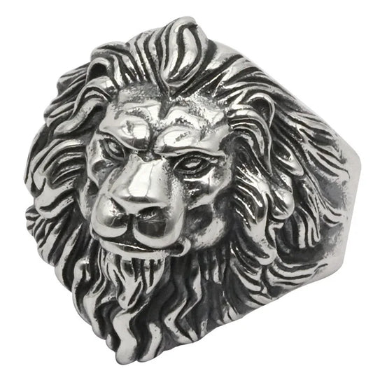 Silver High-Quality Men's Lion Head Ring – Stainless Steel Detroit Rock Punk Animal Ring - Premium ring from Lizard Vigilante - Just $28.88! Shop now at Lizard Vigilante