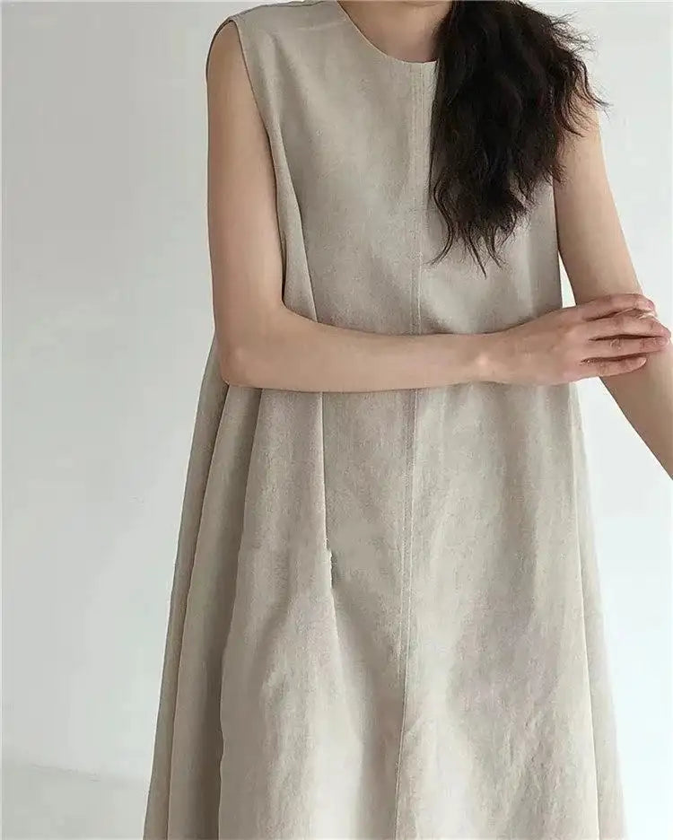 2022 Minimalist Chic Loose Swing Sleeveless Mid-length Casual Cotton Linen Long Dress  Round Neck High Waist Women Runway Dress