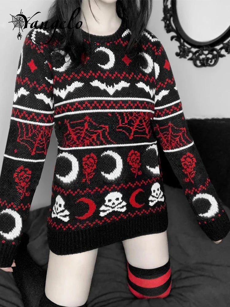 Yangelo Gothic Moon Skull Pattern Sweater – Women’s Knit Pullover for Autumn Winter Street Fashion - Premium pullover from Lizard Vigilante - Just $44.88! Shop now at Lizard Vigilante