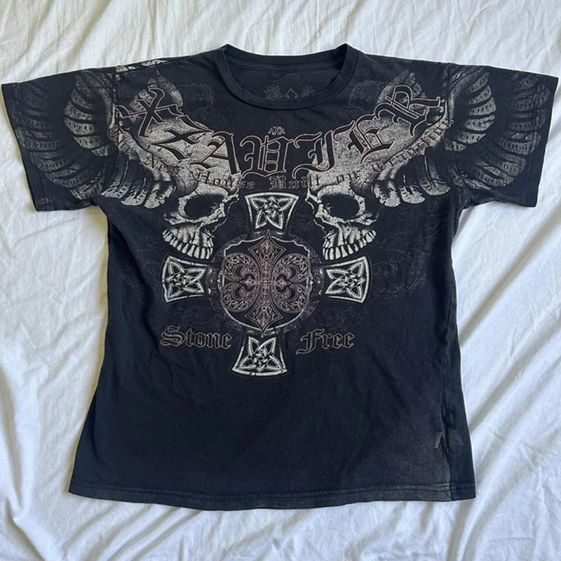 2000s Aesthetic Mall Goth E-girl Gothic T-shirt Retro Y2K Grunge Skull Wing Crop Tops Indie Graphic Print Short Sleeve Tee Women - Premium T-Shirt from Lizard Vigilante - Just $29.99! Shop now at Lizard Vigilante