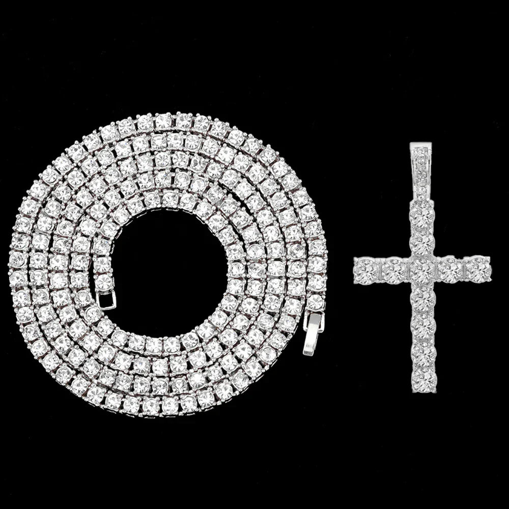 Hip Hop Cross Pendant Necklace Strap 4mm Zircon Tennis Chain Iced Out Sparkling Necklace Men Women Punk Jewelry Fashion Gift