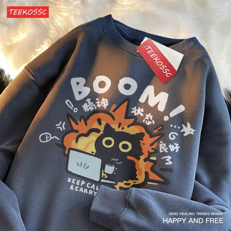 Funny Cat Sweatshirt - Good Mental State BOOM Cartoon Fleece Oversized Hoodie for Men & Women - Premium sweatshirt from Lizard Vigilante - Just $36.66! Shop now at Lizard Vigilante